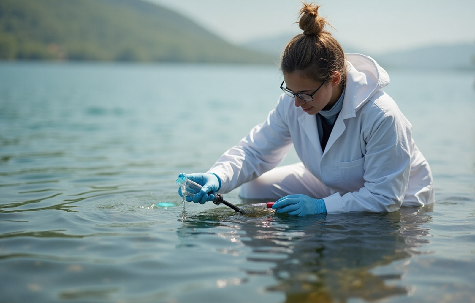 Scientist collecting a water sample from a lake as part of field-based water quality testing, wearing protective gloves and coat, with mountains in the background — representing environmental water quality testing in natural sources.