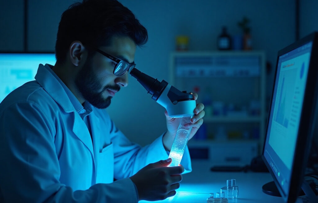 Laboratory technician performing water quality testing under a digital microscope in a modern lab setup, highlighting the precision of lab-based water analysis for safety and compliance.