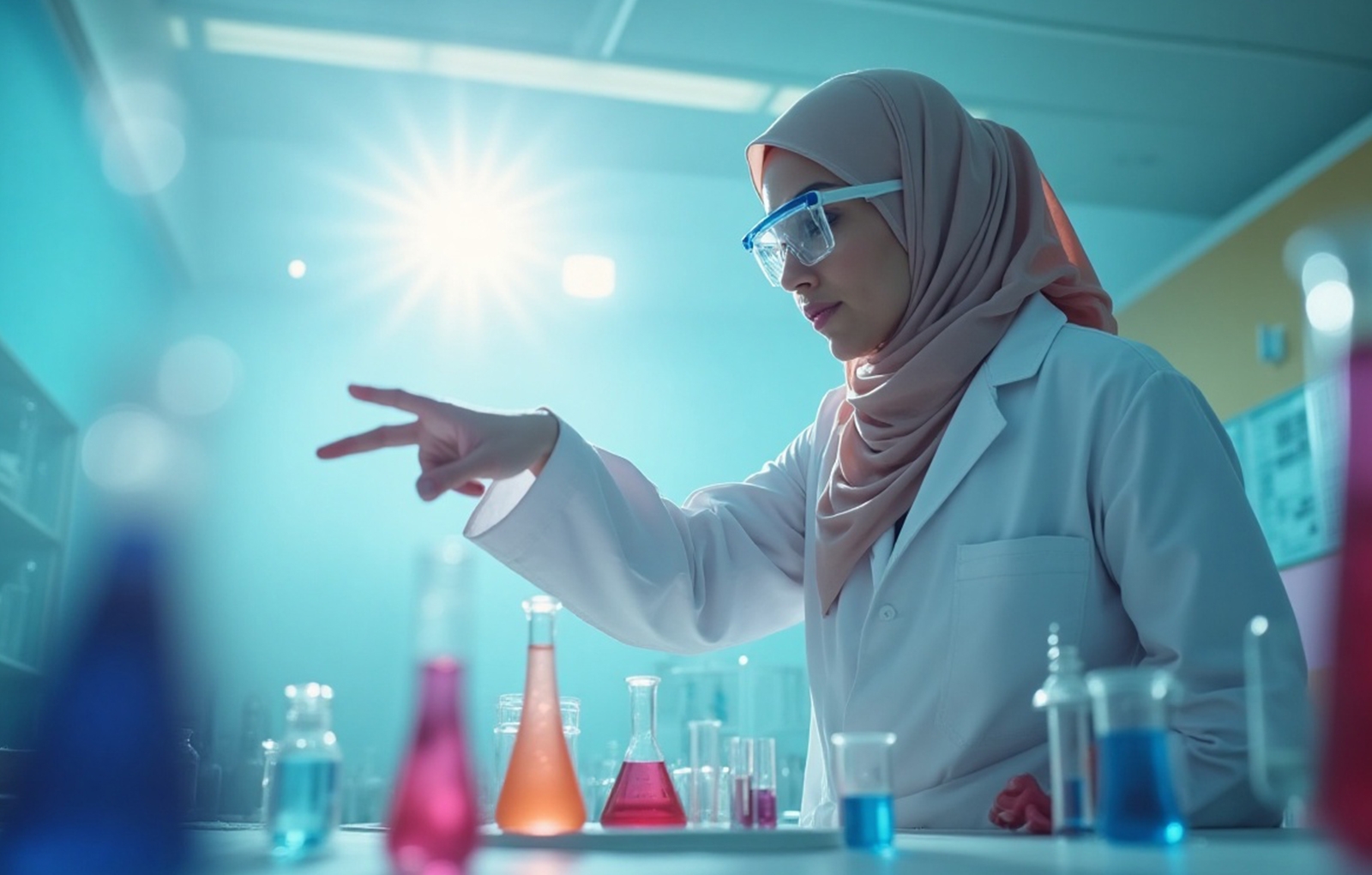 Female scientist using science lab equipment with colorful liquids in a modern school laboratory.